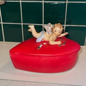Vintage Lefton Large Heart With Valentine Cupid on Lid Candy Dish 2210
